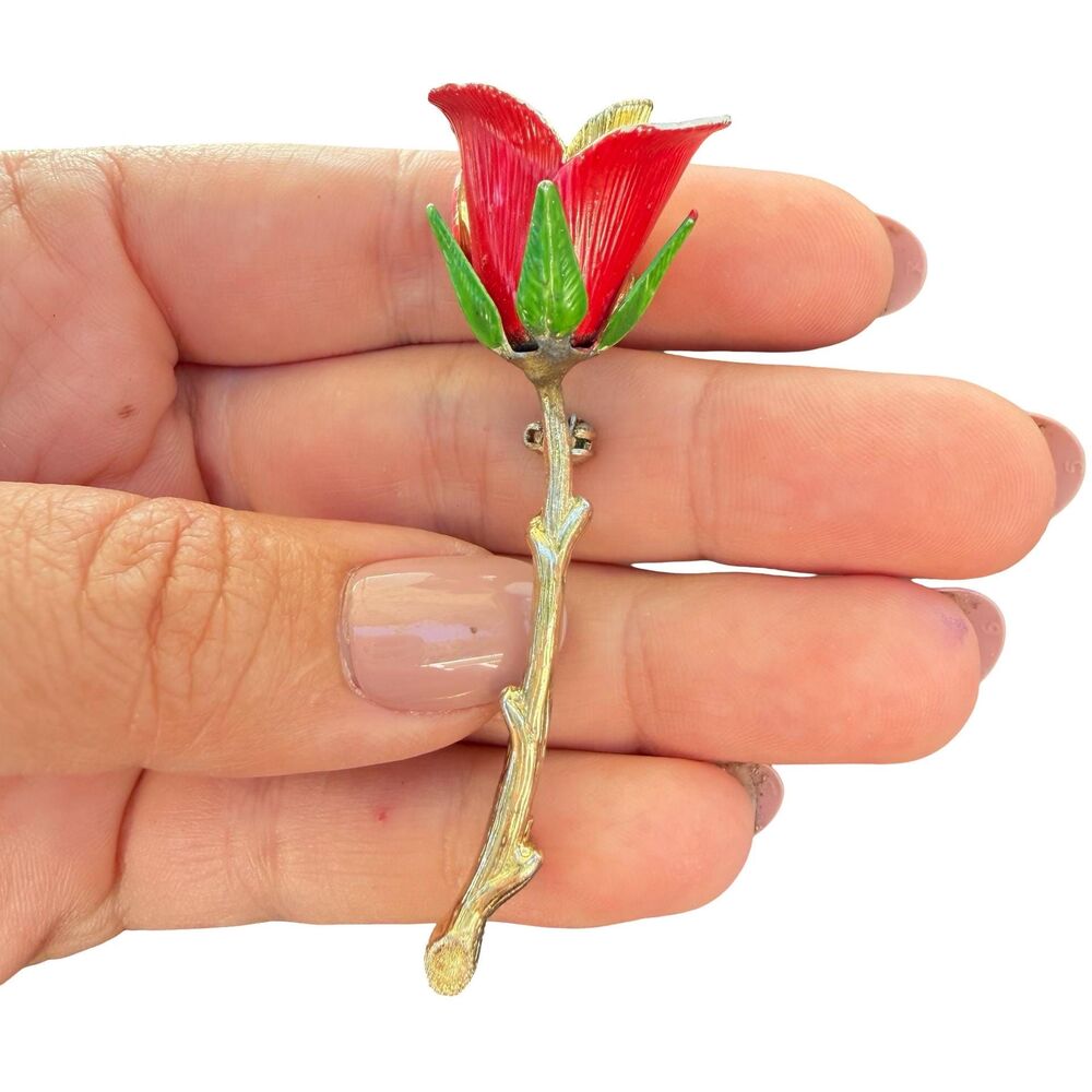 Vintage Red Enamel Rose Brooch: Gold Tone Flower Pin